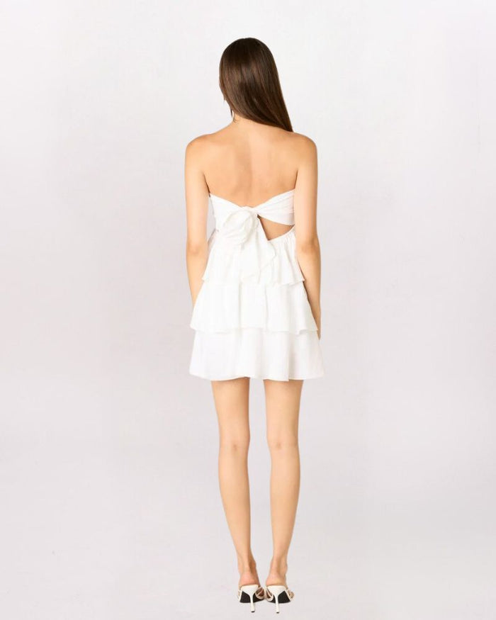STRAPLESS TWIST FRONT TIERED DRESS, WHITE