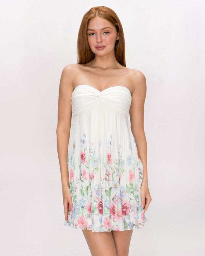 FLORAL BORDER PLEAT DRESS, IVORY