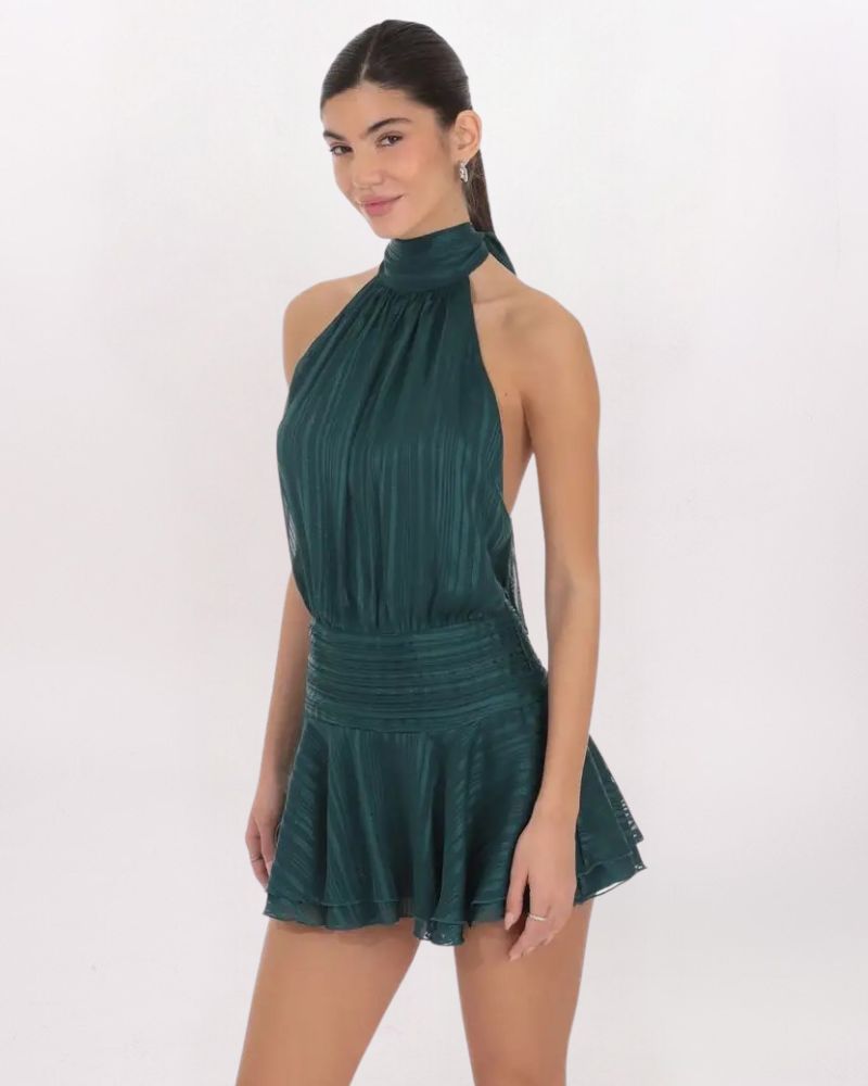 SHIMMER MOCK NECK HALTER DRESS - GREEN