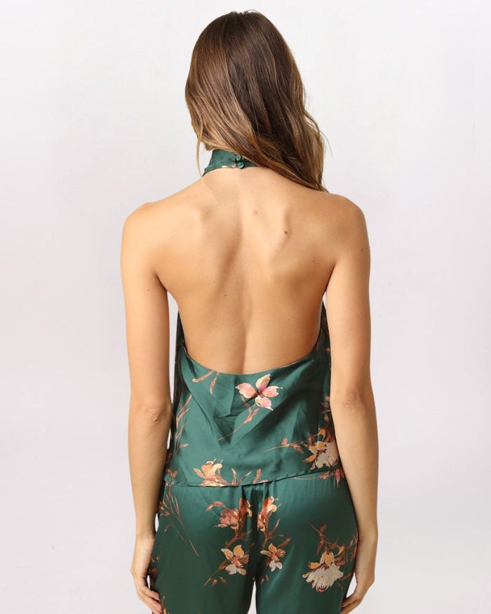 SOFT FLORAL HALTER TOP, DK GRN/PCH