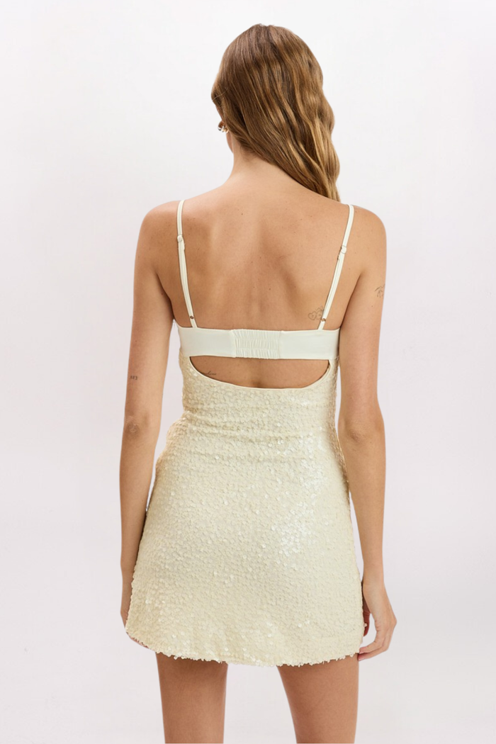 SATIN BUSTIER SEQUIN DRESS, LEMON BTTR