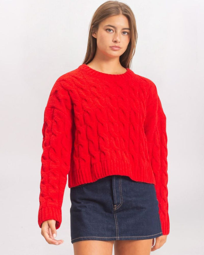 CHENILLE BRAIDED CABLE SWEATER, RED