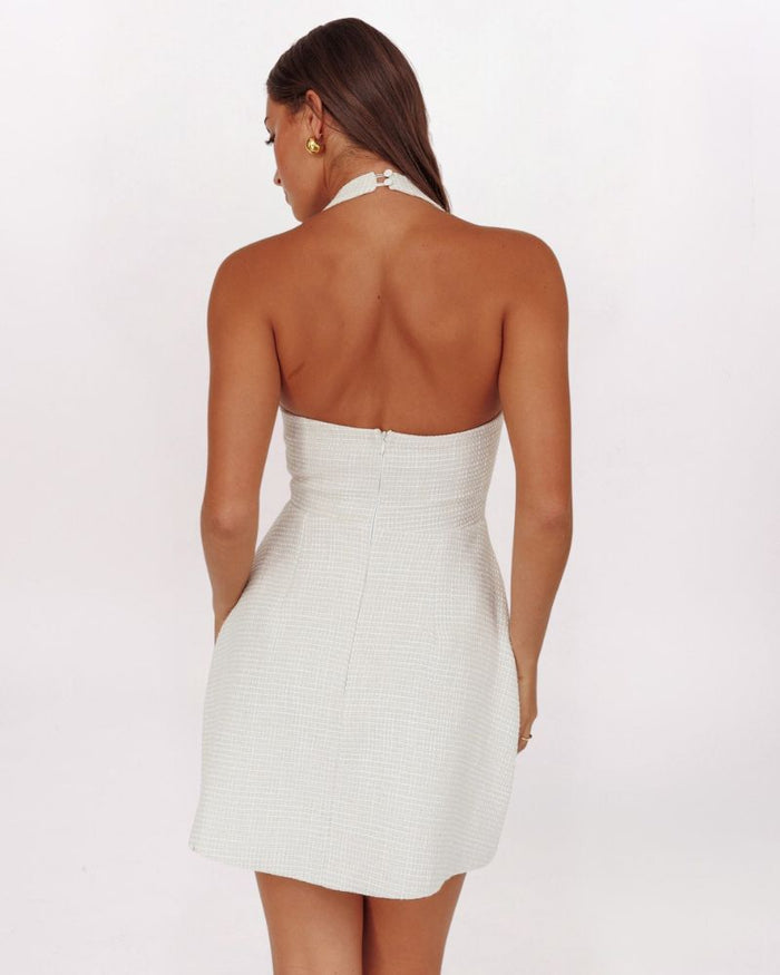 BOUCLE HALTER DRESS, CREAM