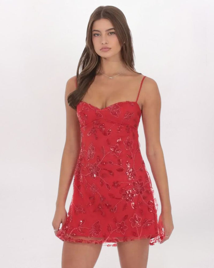 SEQUIN FLORAL EMBROIDERED BABYDOLL DRESS