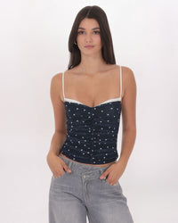 RUCHED POLKA DOT MESH TOP