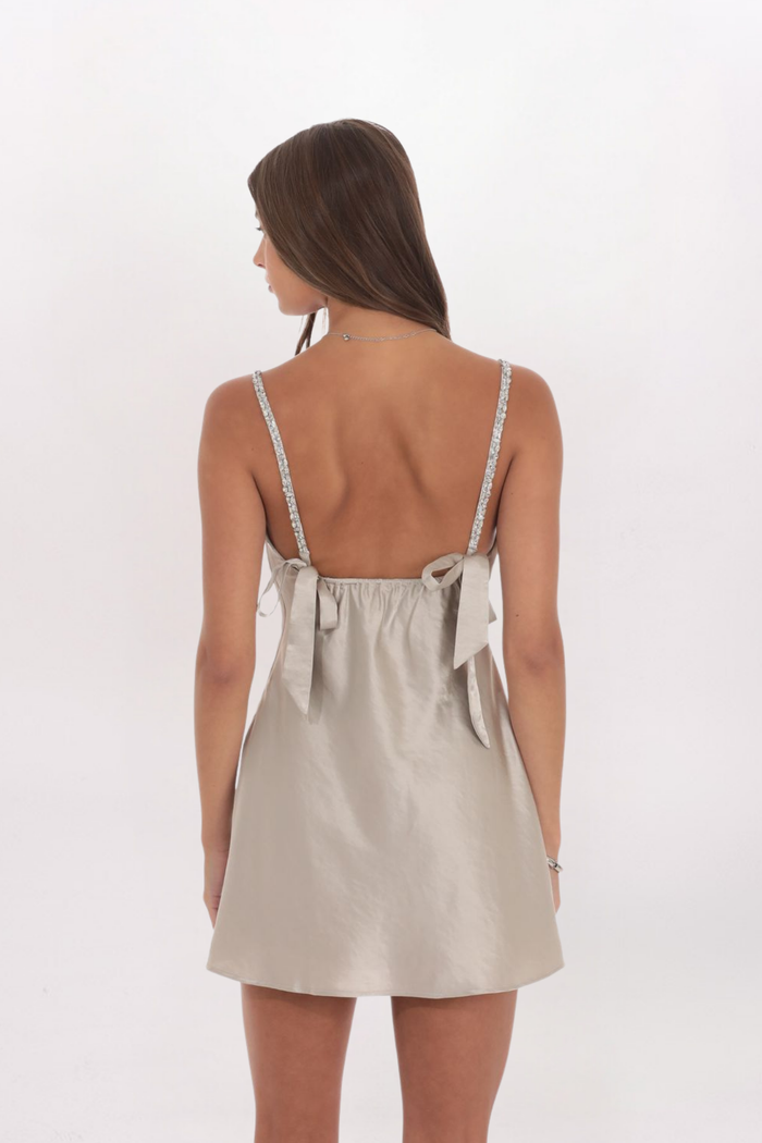 RHINESTONE STRAP SATIN DRESS
