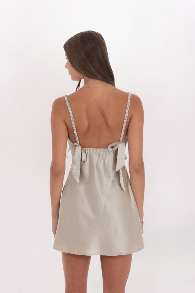 RHINESTONE STRAP SATIN DRESS