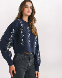 FLORAL EMBROIDERED SCALLOP SWEATER