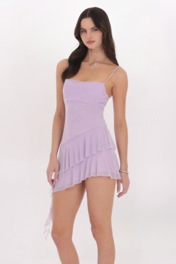 MESH ASYMMETRICAL TASSEL DRESS