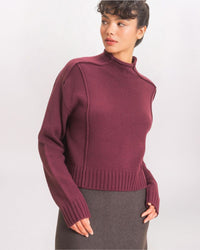 EXPOSED SEAMS MOCK NECK SWEATER, DK CHERRY
