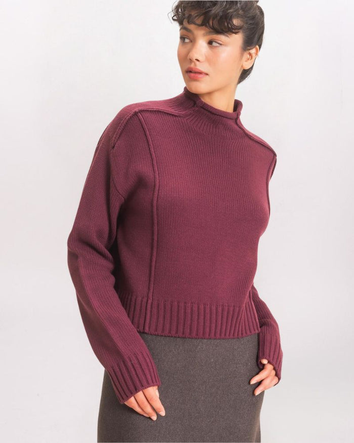 EXPOSED SEAMS MOCK NECK SWEATER, DK CHERRY