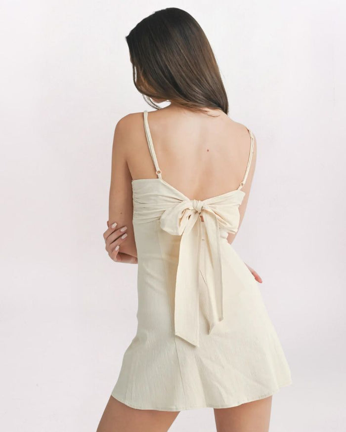 STRETCH LINEN TIE BACK DRESS - NATURAL