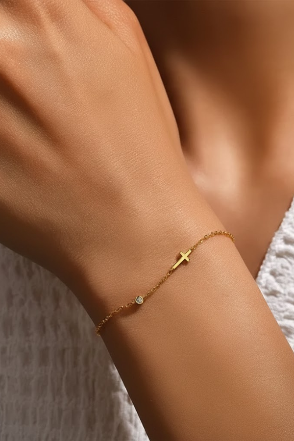 SIDEWAYS CROSS & CZ BRCLT - 14K GOLD DIPPED STERLING SILVER