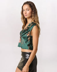SOFT FLORAL PLUNGE NECK TOP, DK GRN PCH