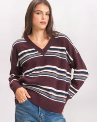 MULTI STRIPED VNECK SWEATER, WINE