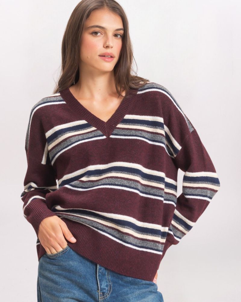 MULTI STRIPED VNECK SWEATER, WINE