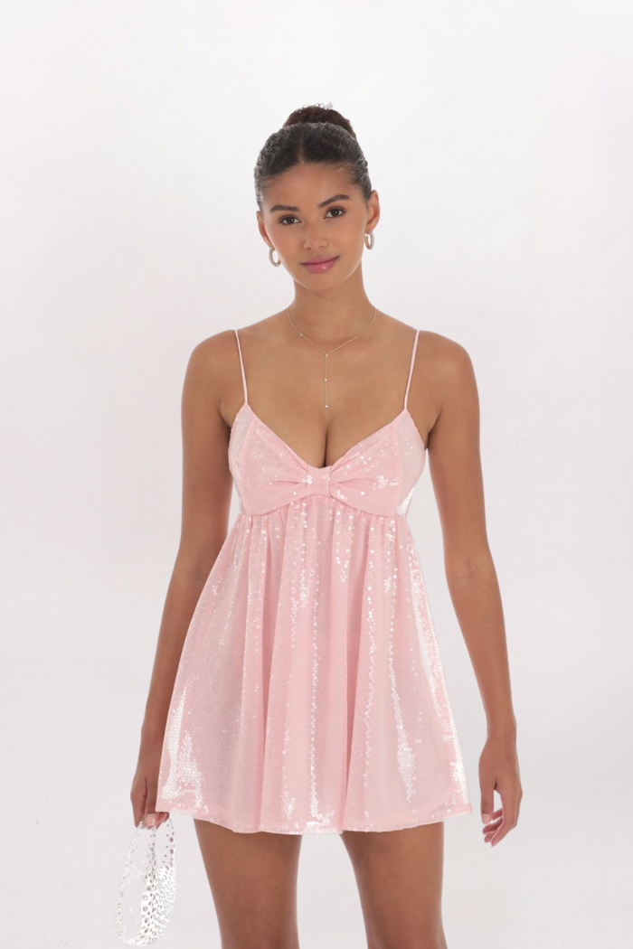 SEQUIN BOW FRONT DRESS