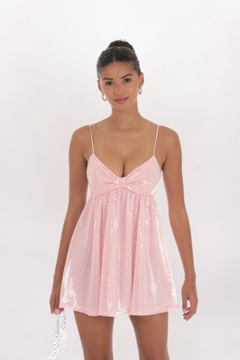 SEQUIN BOW FRONT DRESS