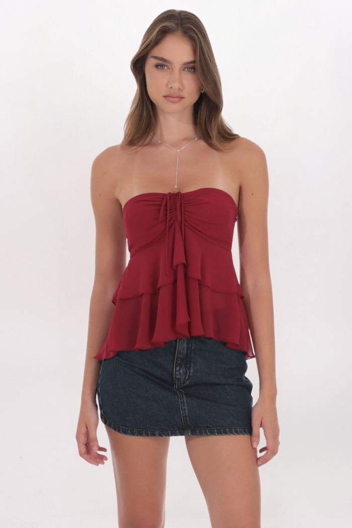STRAPLESS CHIFFON RUFFLE TOP