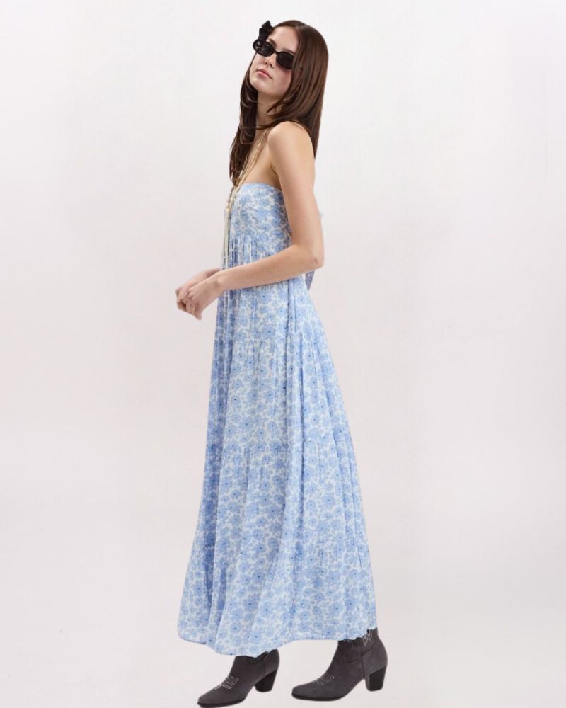 STRAPLESS FLORAL TIE BACK MAXI DRESS, MINDA BLUE