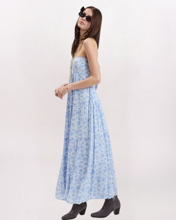 STRAPLESS FLORAL TIE BACK MAXI DRESS, MINDA BLUE
