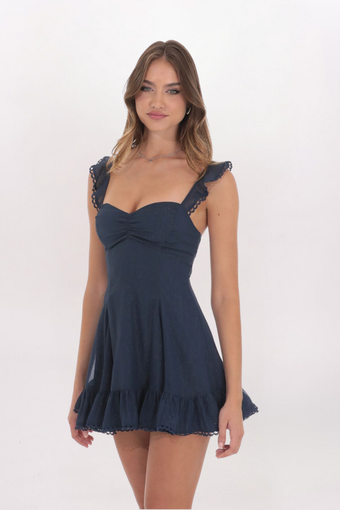 SHIMMER RUFFLE FIT & FLARE DRESS