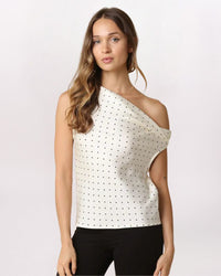 OFF SHOULDER POLKA DOT TOP, ECRU/BLK