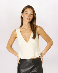 SATIN PLUNGE NECK TIE BACK TOP, IVORY