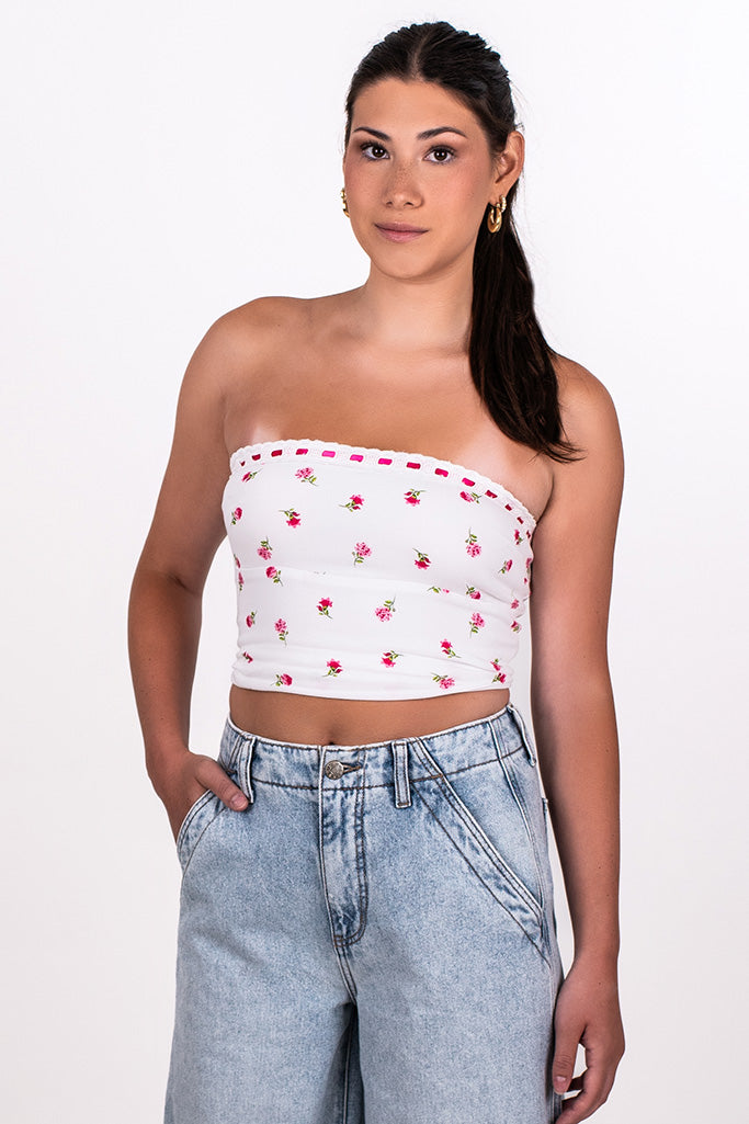 STRAPLESS DITSY FLORAL RIBBON TOP