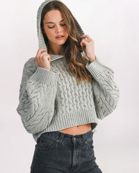 CABLE HOODED SWEATER, GREY