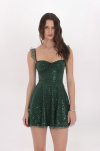 RUFFLE SEQUIN FLARE DRESS