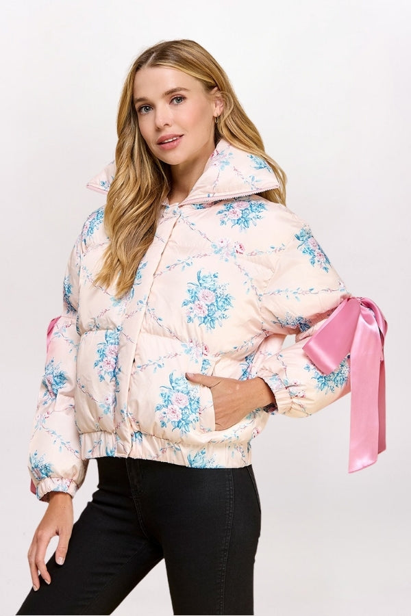 FLORAL RIBBON PUFFER COAT