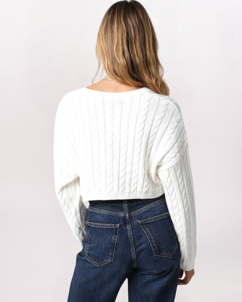 LS V-NECK CABLE CROP SWTR, IVORY