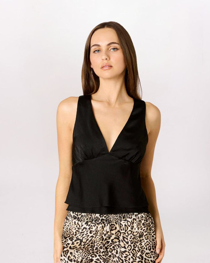 SATIN PLUNGE NECK TIE BACK TOP, BLACK