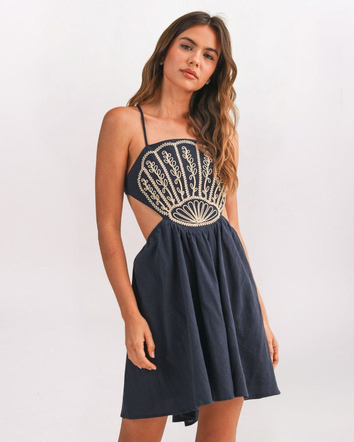 EMBROIDERED SHELL DETAIL STRAPPY BACK DRESS, NAVY