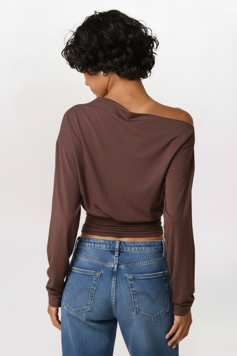 FITTED WAIST DRAPE TOP, BROWN