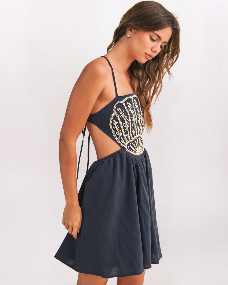 EMBROIDERED SHELL DETAIL STRAPPY BACK DRESS, NAVY