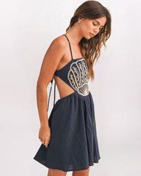 EMBROIDERED SHELL DETAIL STRAPPY BACK DRESS, NAVY