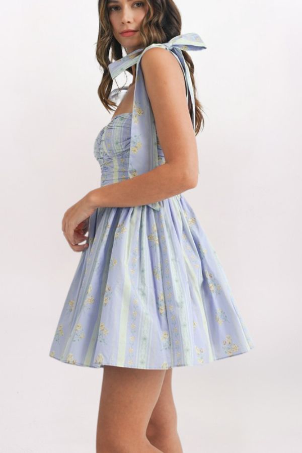 FLORAL WALLPAPER TIE SHOULDER DRESS