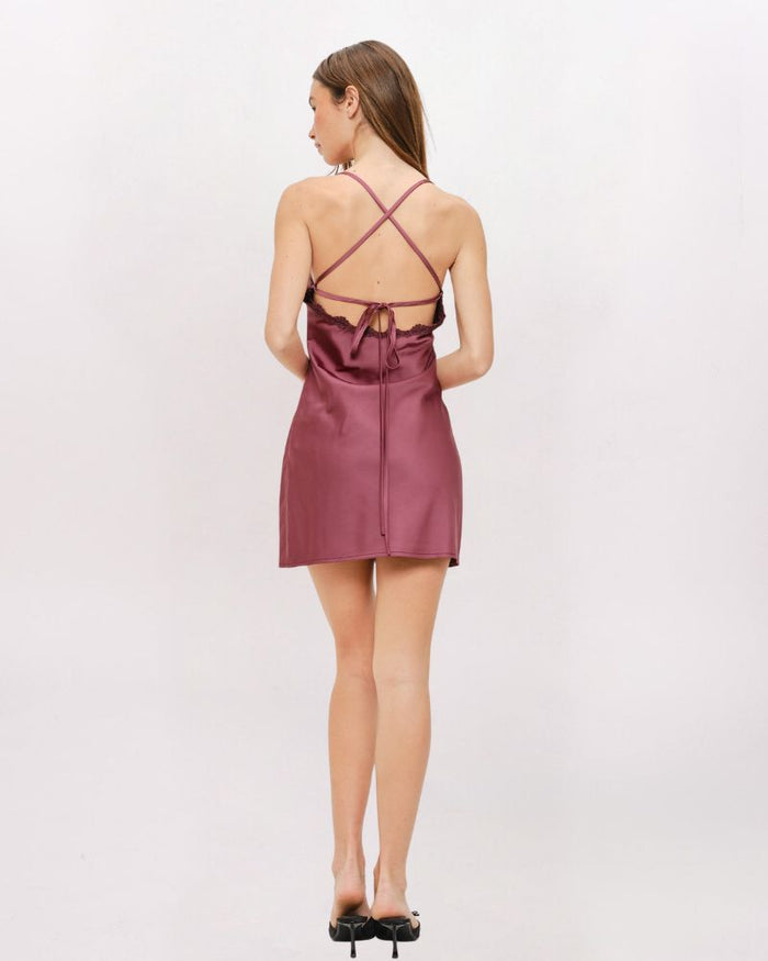 LACE DETAIL SATIN MINI DRESS, MAUVE