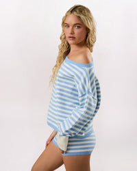 OFF SHOULDER STRIPED SWEATER & SHORT, LT BLUE