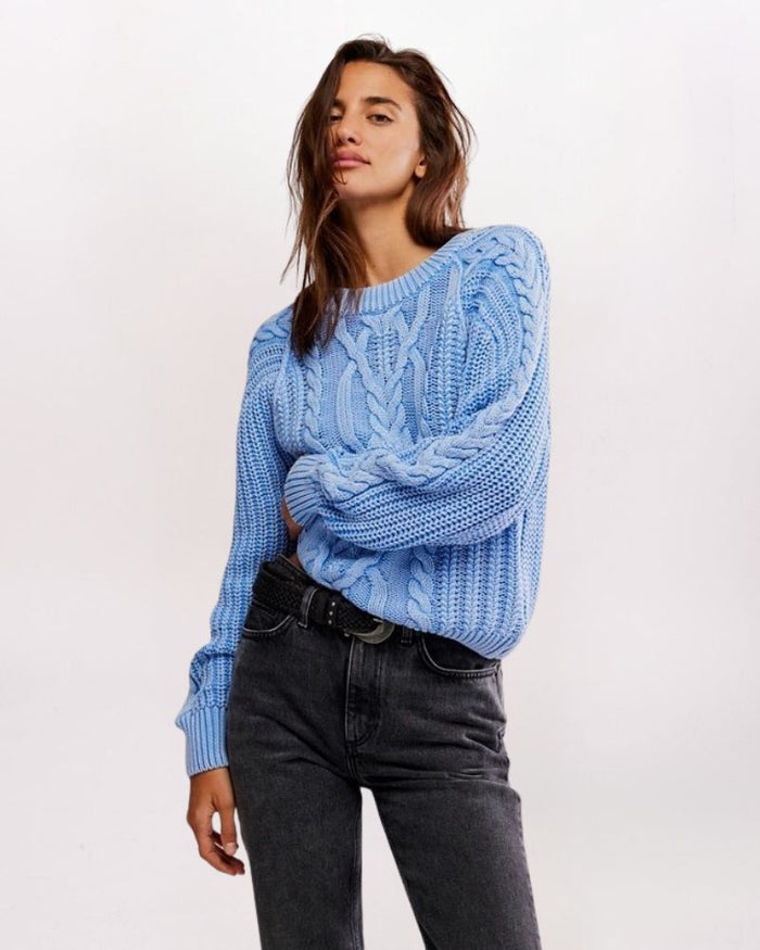 FRANKIE CABLE KNIT SWEATER, DELLA ROBBIA BLUE