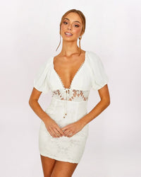 V-NECK PUFF SLEEVE LACE DRESS - WHITE
