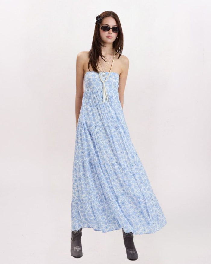 STRAPLESS FLORAL TIE BACK MAXI DRESS, MINDA BLUE