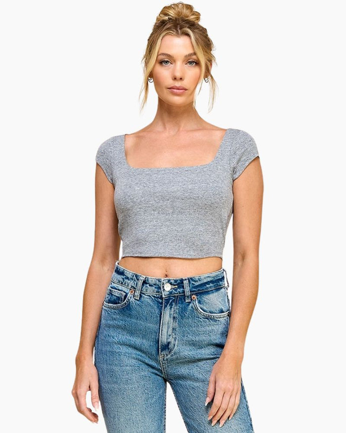 SQUARE NECK CROP TEE, H GREY