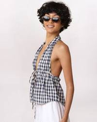 TIE FRONT GINGHAM HALTER TOP, NAVY