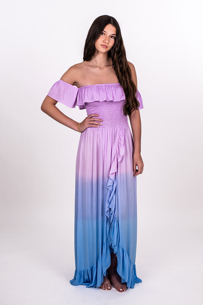 OFF SHOULDER OMBRE TULIP HEM MAXI DRESS