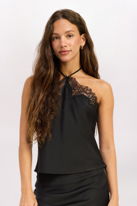 HIGH NECK LACE TRIM TOP, BLACK