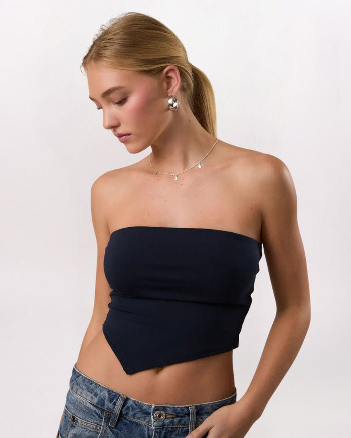 ASYMETRICAL DOUBLE LINED TUBE TOP, NAVY