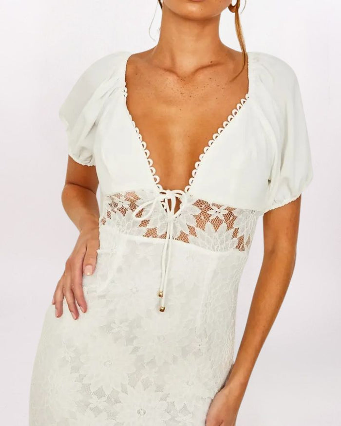 V-NECK PUFF SLEEVE LACE DRESS - WHITE